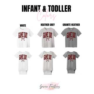Game Day Maroon Bow top infant and toddler color options: white, heather grey, granite heather