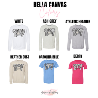Game Day Volleyball Dalmatian Print top shown in Bella Canvas white, ash grey, athletic heather, heather dust, Carolina blue, and berry