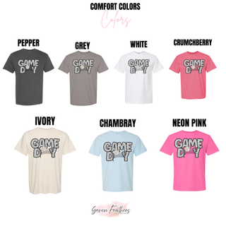 Game Day Volleyball Dalmatian Print top shown in Comfort Colors pepper, grey, white, crunchberry, ivory, chambray, and neon pink