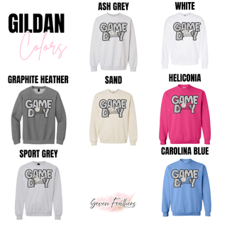 Game Day Volleyball Dalmatian Print top shown in Gildan ash grey, white, graphite heather, sand, heliconia, sport grey, and Carolina blue