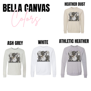 Bella Canvas Game On Volleyball long sleeves and crewnecks in heather dust, ash grey, white, and athletic heather
