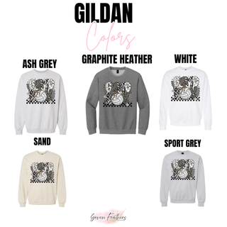 Gildan Game On Volleyball crewnecks in ash grey, graphite heather, white, sand, and sport grey

