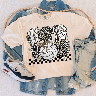 Game On Volleyball Graphic Top in white with leopard cow print checker GAME ON lettering volleyball with bow and daisy design
