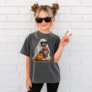 Youth wearing pepper grey ghost raccoon Halloween graphic tee with pumpkin and soda cup