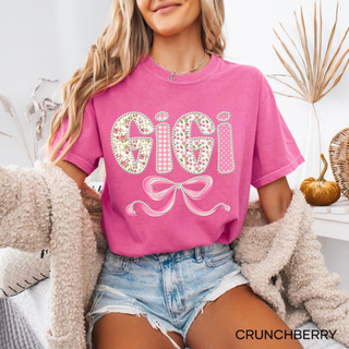 Crunchberry Comfort Colors tee with Gigi floral gingham polka dot pearl lettering and pink bow design front view
