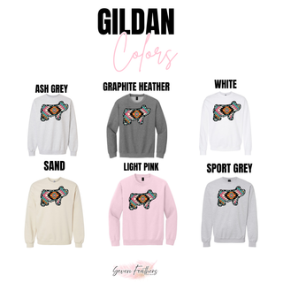 Gildan aztec show pig color chart in ash grey, graphite heather, white, sand, light pink, and sport grey