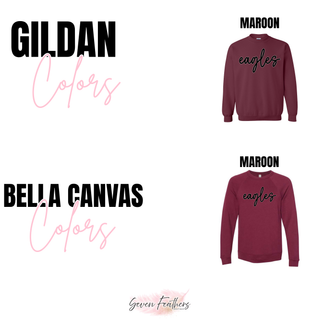 Gildan and Bella Canvas maroon color chart for Silver Lake Eagles script top
