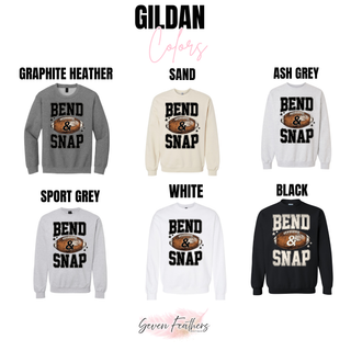 Gildan bend and snap football color chart in graphite heather, sand, ash grey, sport grey, white, and black