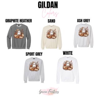 Gildan color chart for boho ghost floral top in graphite heather, sand, ash grey, sport grey, and white
