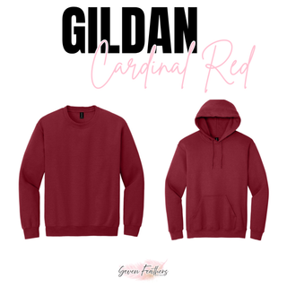 Gildan cardinal red crewneck and hoodie flat lay showing both style options for oversized Jr. Vikings football