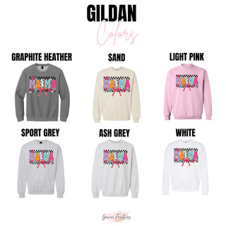 Gildan color chart for Checkered Pop of Color Mama top in graphite heather, sand, light pink, sport grey, ash grey, and white
