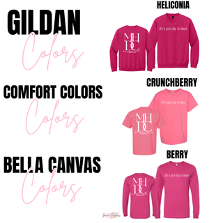 Gildan heliconia, Comfort Colors crunchberry, and Bella Canvas berry brand and color comparison chart