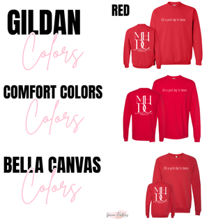 Gildan, Comfort Colors, and Bella Canvas brand and color comparison chart in red