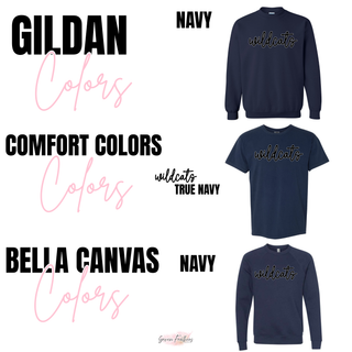 Gildan, Comfort Colors, and Bella Canvas navy color chart for Hayden Wildcats script top

