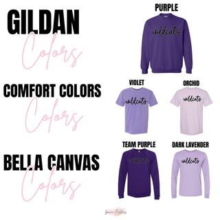 Color chart for wildcats script top in purple, violet, orchid, and dark lavender across brands
