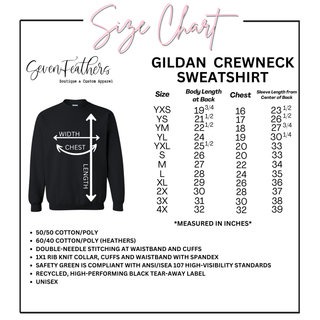 Gildan crewneck sweatshirt size chart youth YXS to adult 4X body length chest sleeve