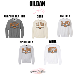 Gildan color chart for Fall Vibes distressed top in graphite heather, sand, ash grey, sport grey, and white
