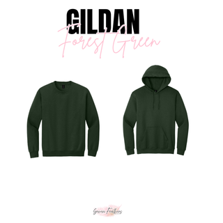 Gildan Forest Green crewneck sweatshirt and pullover hoodie options