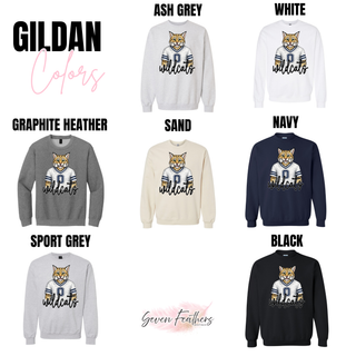 Gildan chart for Hayden Wildcats white jersey top in ash grey, white, graphite heather, sand, navy, sport grey, black
