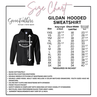Gildan hooded sweatshirt size chart for youth and adult sizes with garment measurements