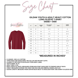 Gildan Youth and Adult Heavy Cotton Long Sleeve T-Shirt (5400B/5400) size chart in maroon, showing body length at back, chest, and sleeve length measurements in inches for youth XS through XL and adult S through 3XL