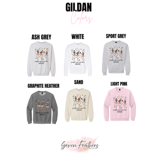 Gildan pumpkin spice pirouettes color chart in ash grey, white, sport grey, graphite heather, sand, and light pink