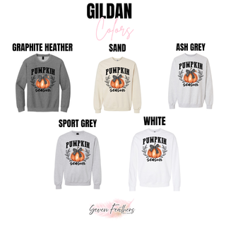 Gildan color chart for pumpkin season polka dot bow top in graphite heather, sand, ash grey, sport grey, and white
