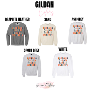 Gildan color chart for pumpkins flannels football sweaters top in graphite heather, sand, ash grey, sport grey, and white
