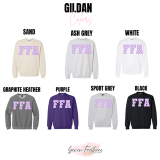 Gildan Royal Valley FFA lavender daisy color chart in sand, ash grey, white, graphite heather, purple, sport grey, and black