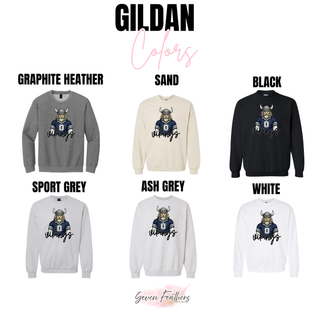 Gildan chart for Seaman Vikings navy jersey top in graphite heather, sand, black, sport grey, ash grey, white
