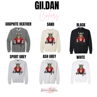 Gildan chart for Seaman Vikings red jersey top in graphite heather, sand, black, sport grey, ash grey, white
