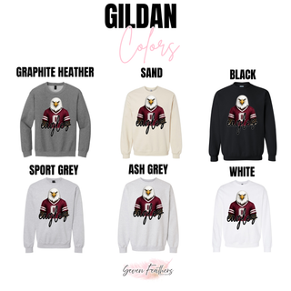 Gildan chart for Silver Lake Eagles maroon jersey top in graphite heather, sand, black, sport grey, ash grey, white

