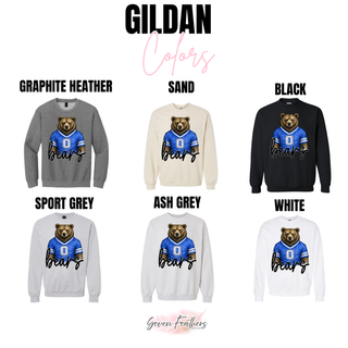 Gildan color chart for St. Marys Bears blue jersey top in graphite heather, sand, black, sport grey, ash grey, and white
