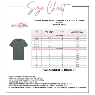 Gildan Youth Heavy Cotton and Adult Softstyle T-Shirt (5000B/64000) size chart showing body length at back, chest, and sleeve length measurements in inches for youth XS through XL and adult S through 5XL