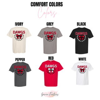 gildan style options for dawgs cheerleading bow circle design: ash grey, white, graphite heather, sand, black, sport grey, and red crewnecks