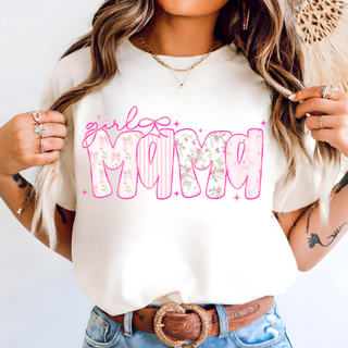 Ivory Comfort Colors tee with girl mama floral bow graphic featuring soft pink floral and stripe patterned letters with bow detail and sparkles
