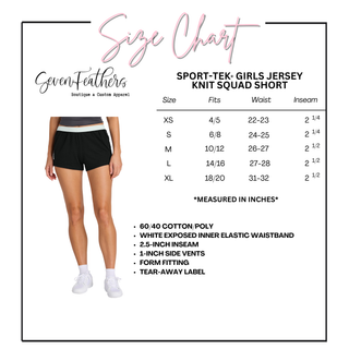 Girls size chart for the jersey knit squad shorts