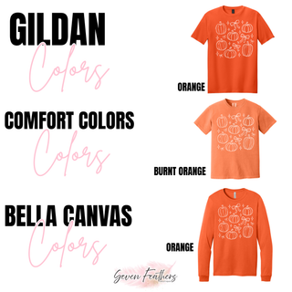 Girly bows and pumpkins top color options including Gildan orange, Comfort Colors burnt orange, and Bella Canvas orange long sleeve
