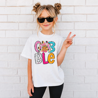 Girly Gobble Turkey Tee - colorful GOBBLE wordmark with a leopard print turkey and pink bow on a White Comfort Colors tee