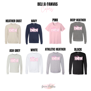 Bella Canvas color options for the Girly Nana Floral Top including heather dust, navy, pink, deep heather, ash grey, white, athletic heather, and black crewnecks and long sleeves

