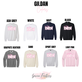 Gildan crewneck sweatshirt color options for the Girly Nana Floral Top including ash grey, white, navy, black, graphite heather, sand, sport grey, and light pink
