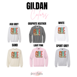Gildan color options featuring the Give Thanks patterned lettering design on crewneck sweatshirts.