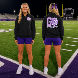 Go Panthers cheer pom quarter zip pullover front view
