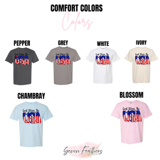 God bless the USA Comfort Colors tee color chart in pepper grey white ivory chambray and blossom with flag letter design
