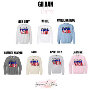 God bless the USA Gildan crewneck color chart ash grey white carolina blue graphite heather sand sport grey and light pink
