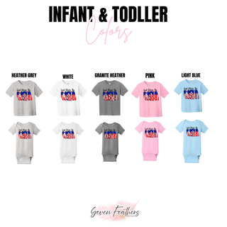 God bless the USA infant and toddler color chart heather grey white granite heather pink and light blue tees and onesies
