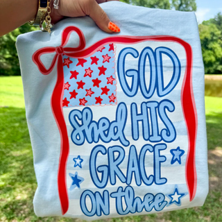Chambray Comfort Colors tee with God Shed His Grace On Thee patriotic stars and stripes bow flag graphic front view