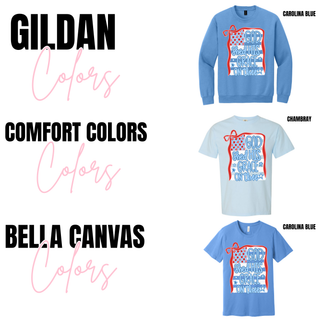Color swatch showing Gildan carolina blue crewneck, Comfort Colors chambray tee, and Bella Canvas carolina blue tee