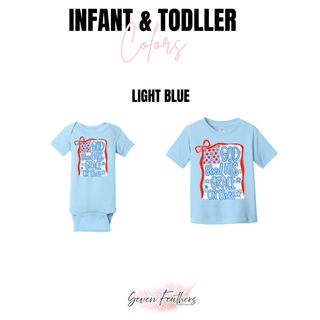 Light blue infant onesie and toddler tee with God Shed His Grace On Thee front graphic