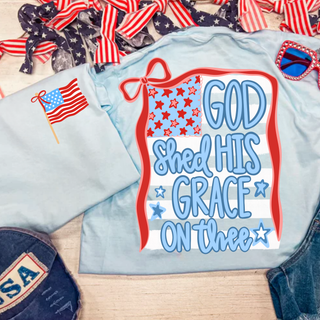 Chambray Comfort Colors tee back view with God Shed His Grace On Thee patriotic star graphic and American flag chest logo